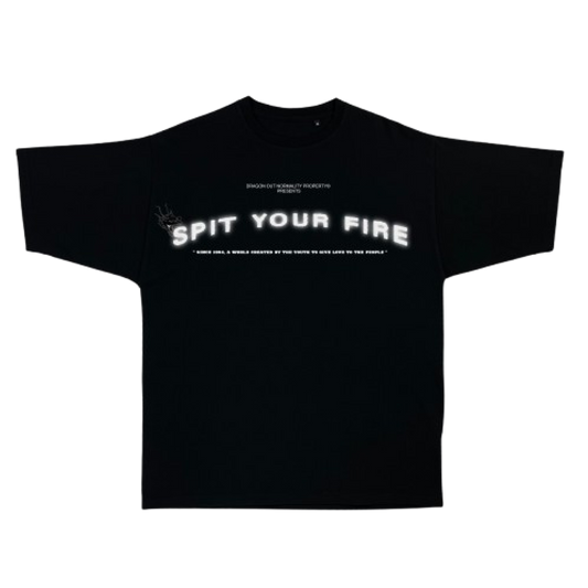 t-shirt oversize en coton tool avec texte 'SPIT YOUR FIRE' en noir, style décontracté, coupe oversize.